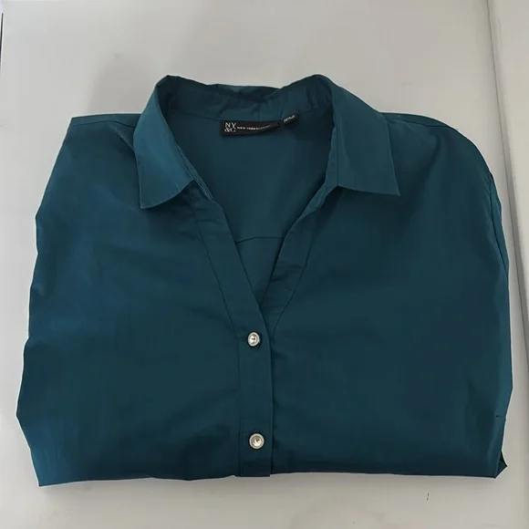 Teal Long Sleeve Blouse XXL Rhinestone Buttons Office Chic Minimalist Workwear - Picture 14 of 15